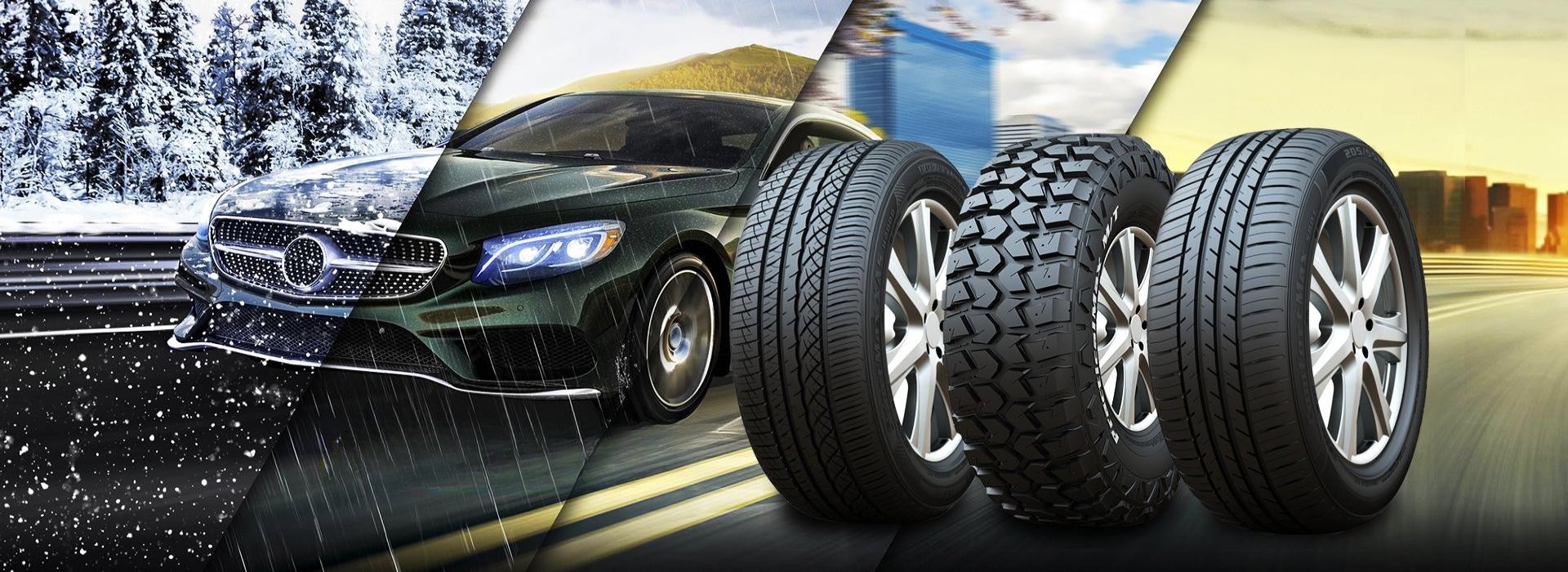 PCR road tires in a variety of sizes and tread patterns.